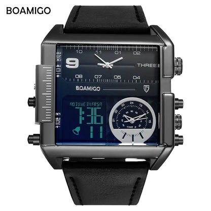 BOAMIGO Men's Military LED Quartz Watch with Leather Band