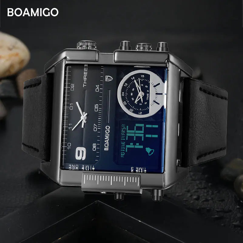 BOAMIGO Men's Military LED Quartz Watch with Leather Band