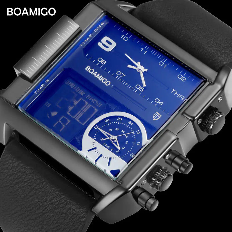 BOAMIGO Men's Military LED Quartz Watch with Leather Band